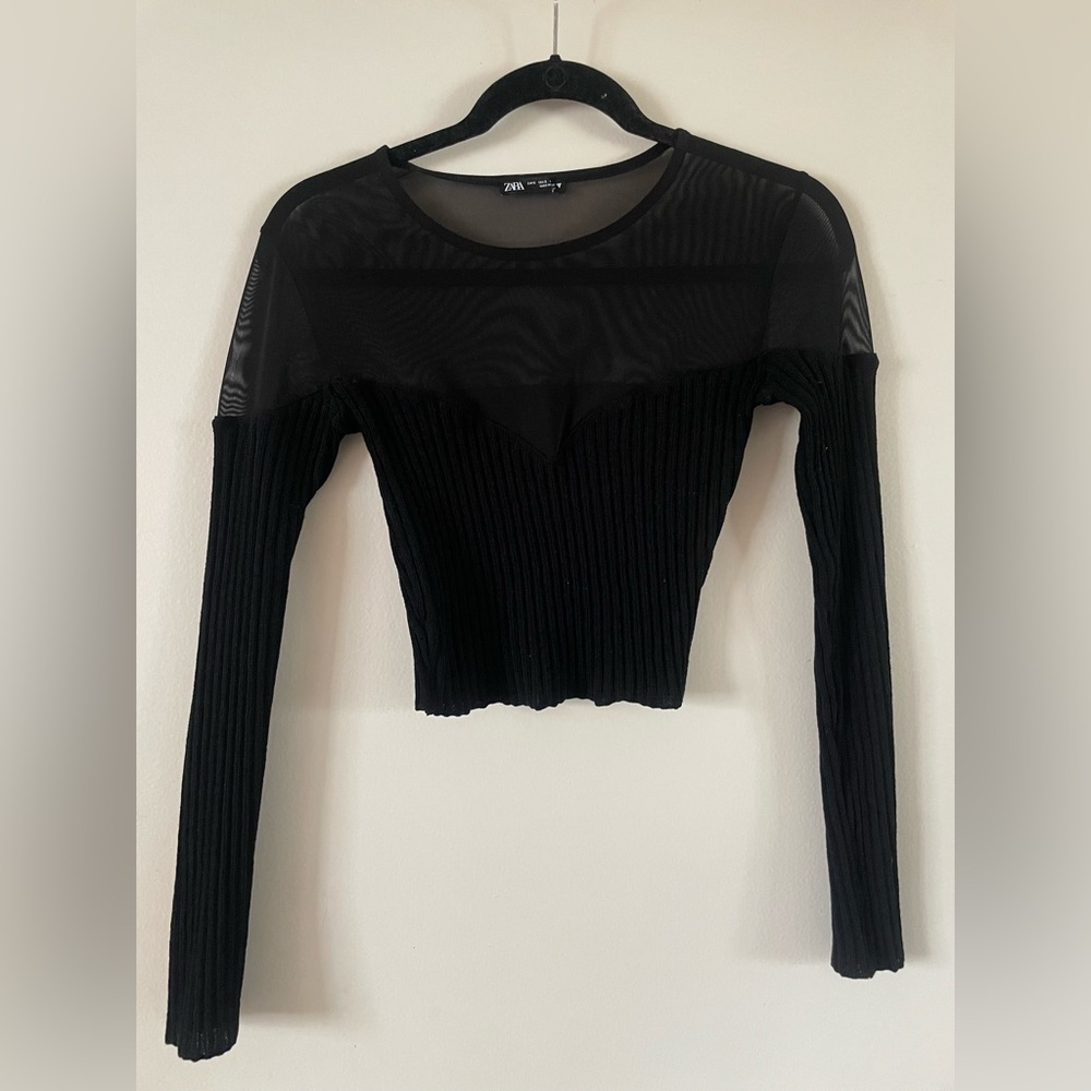 Zara Black Ribbed Sheer Crop Top
